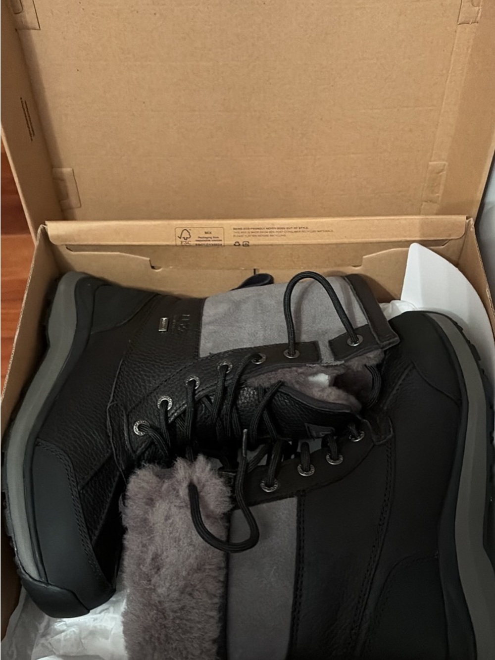 UGG Women's Black and Gray Lace-Up Winter Boots with Shearling Trim